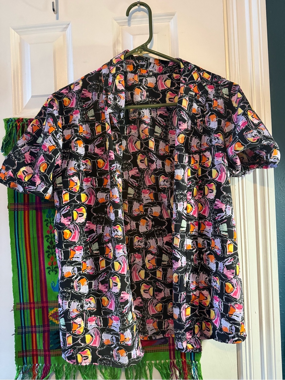 Black Short Sleeve Button-up Shirt with Pink, Orange and White Dog Print